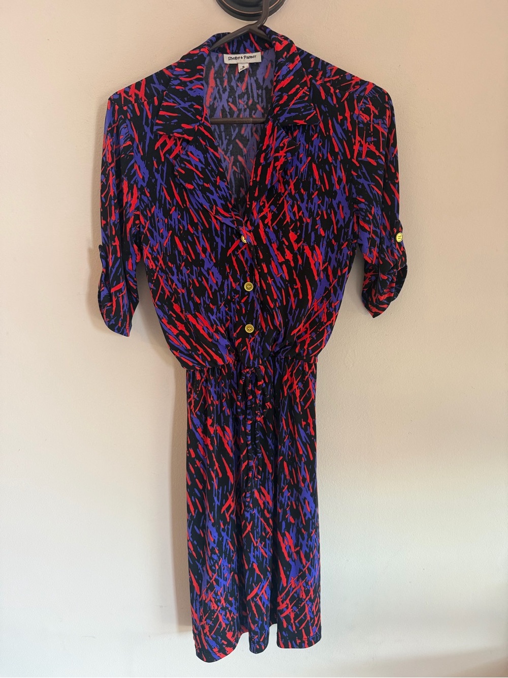 Shelby & Palmer Abstract Print Shirt Dress Red Purple Black Button Front Size 6